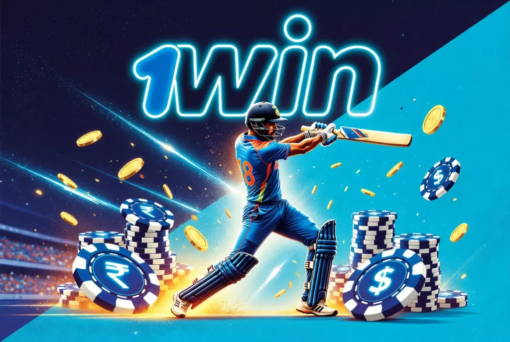 Dynamic illustration of Indian cricketer in number 18 blue jersey hitting a shot, with glowing 1win logo, stacks of casino chips in Rupee and Dollar, gold coins flying, and stadium crowd in background for online betting advertisement